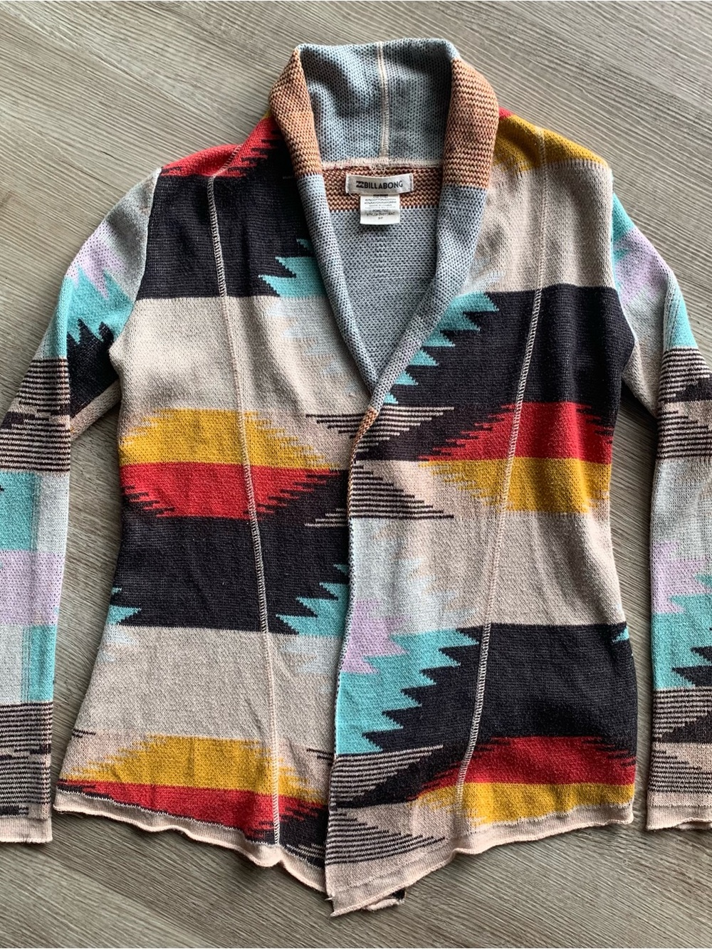 Billabong multi-color Southwestern knit shawl collar cardigan SZ Small